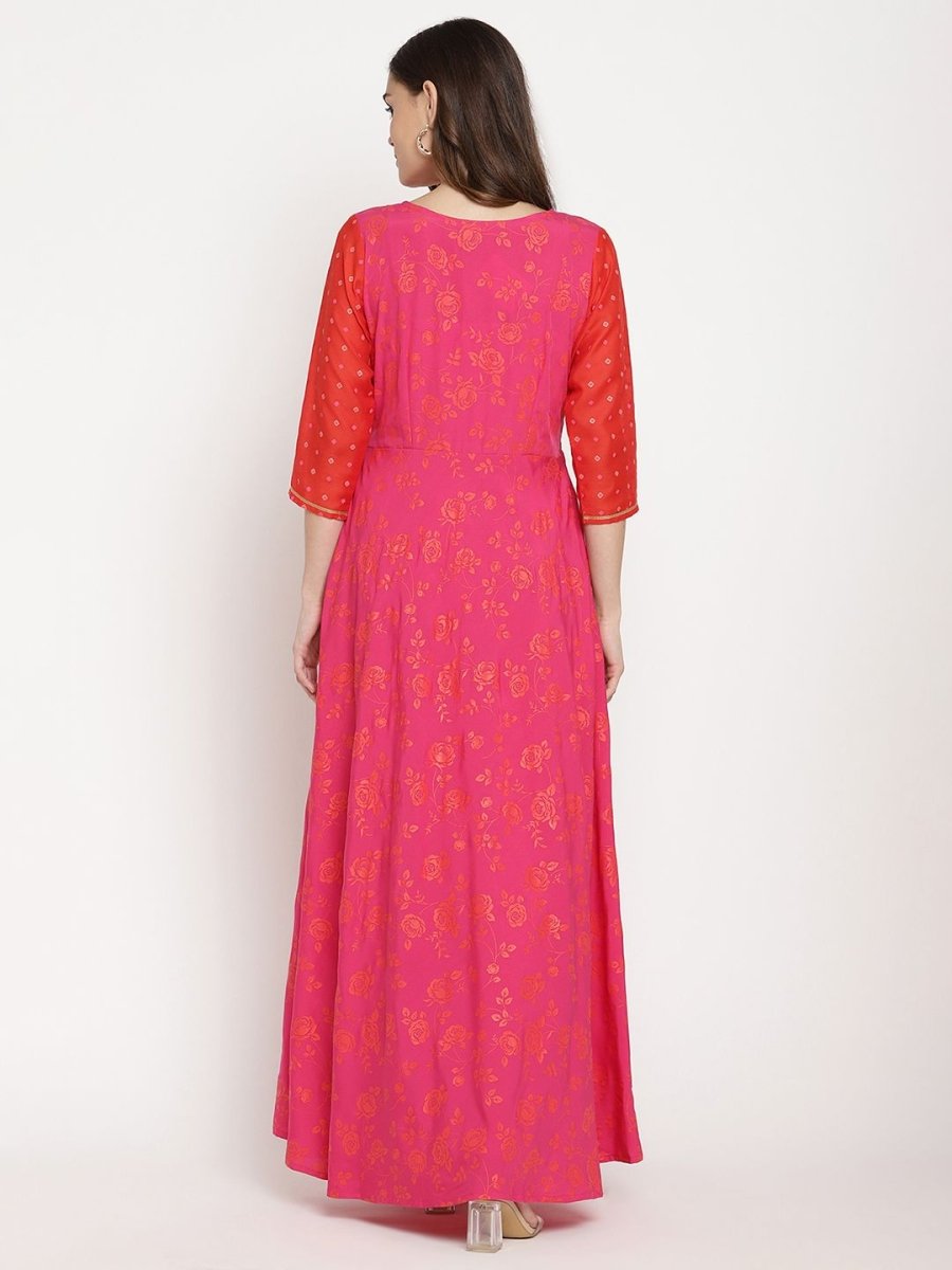 Ahalyaa Women Dark Pink Crepe Khari Print Dress | Swadesiicart