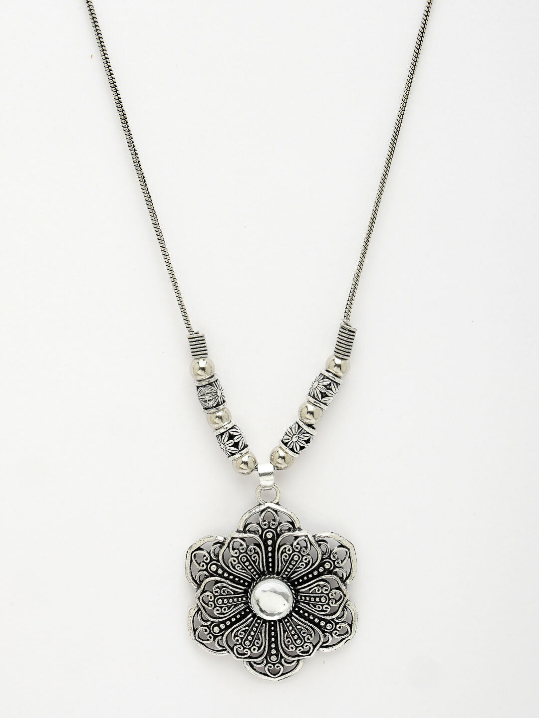 NVR Women's Silver-Toned Floral Shape Pendant with Chain | Swadesiicart