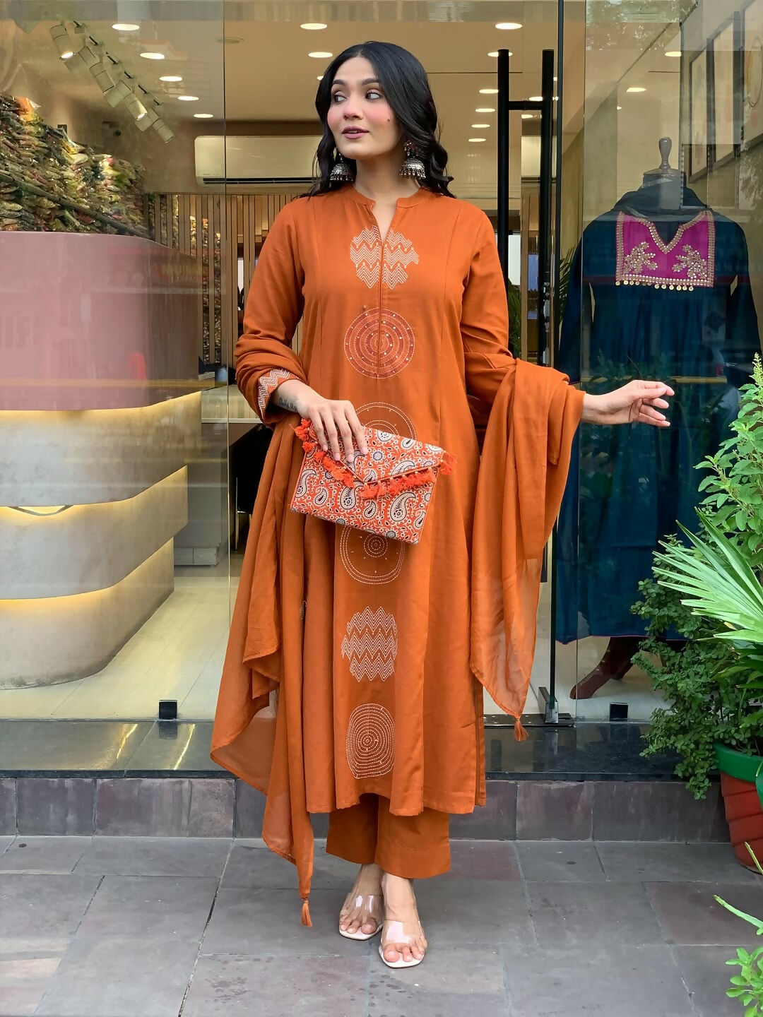 The52 Orange Women's Gorgeous Chanderi Fabric Embroidered Work Straight Kurta Pant and Dupatta Set - Swadesiicart