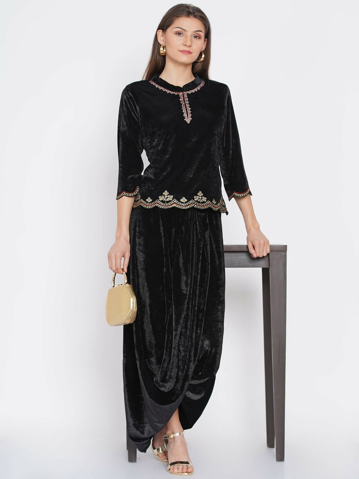 Women Republic Black Velvet Embroiderd Koti With Dhoti Pants | Swadesiicart