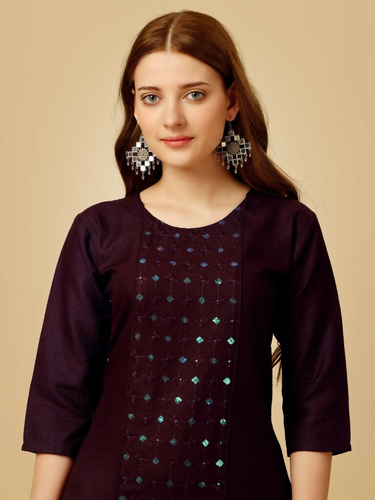 Jyoti Fashion Women's Wine Cotton Blend Embroidered Kurta Pant Set - Swadesiicart
