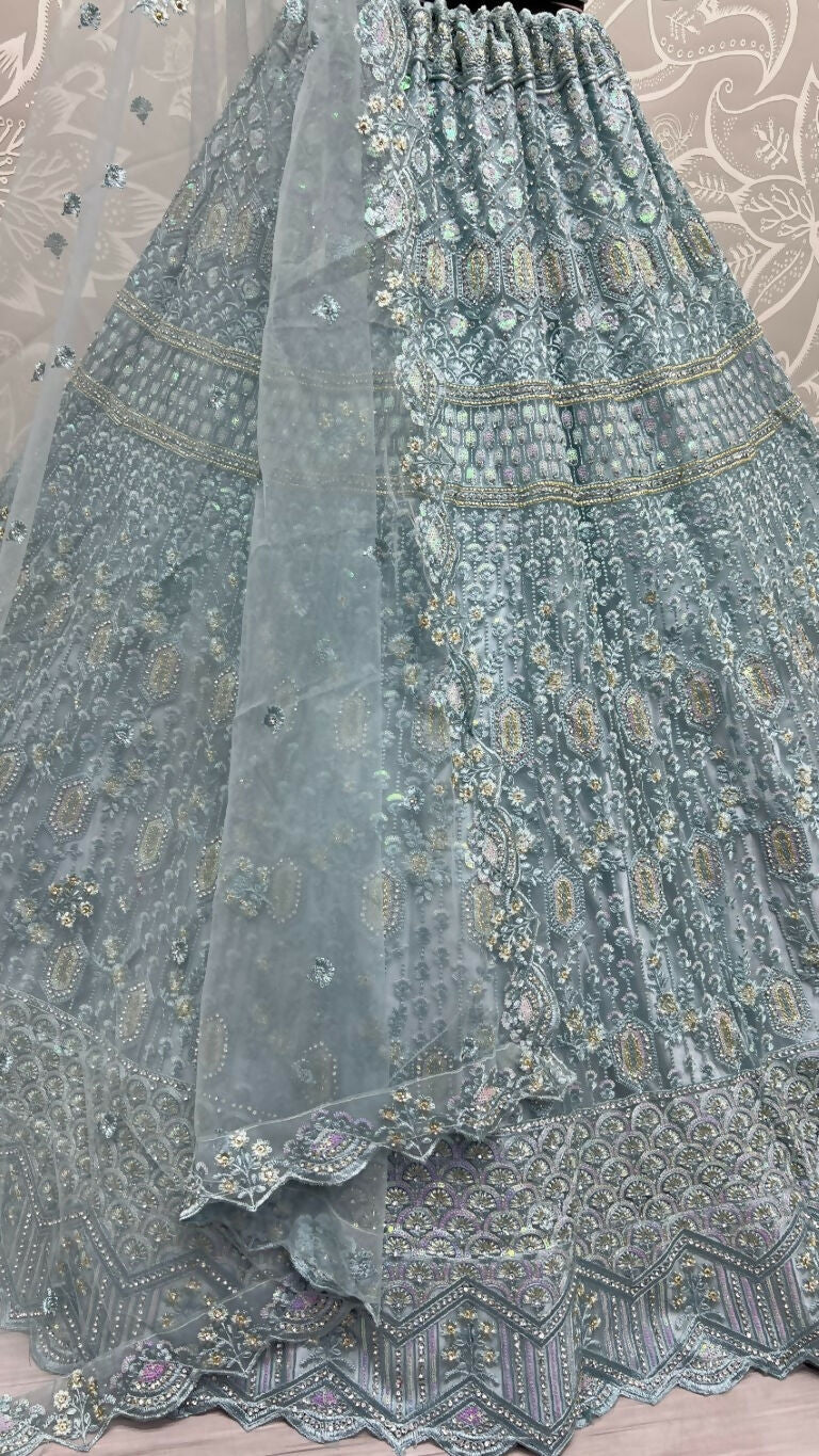 Jyoti Fashion Women's Aqua Heavy Net Fancy Dori, Multi Thread, Rainbow Sequins and Diamond Work Wedding Lehenga Choli | Swadesiicart