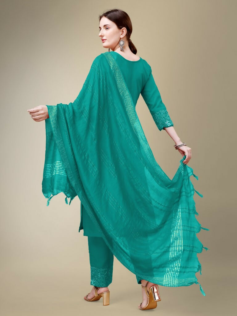 Jyoti Fashion Women's Rama Cotton Blend Embroidery & Fancy Lace work Kurta with Trouser & Dupatta | Swadesiicart