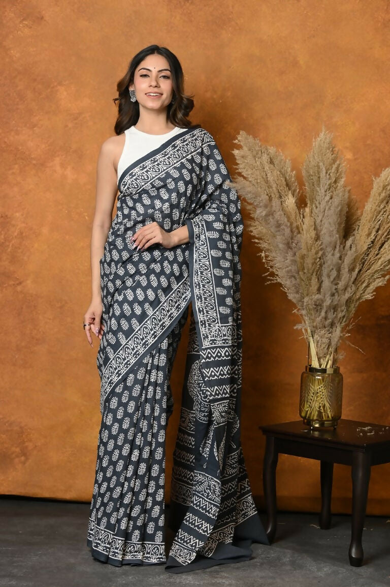 Very Much Indian Handblock Printed Cotton Saree With Natural Dyes - Black White | Swadesiicart