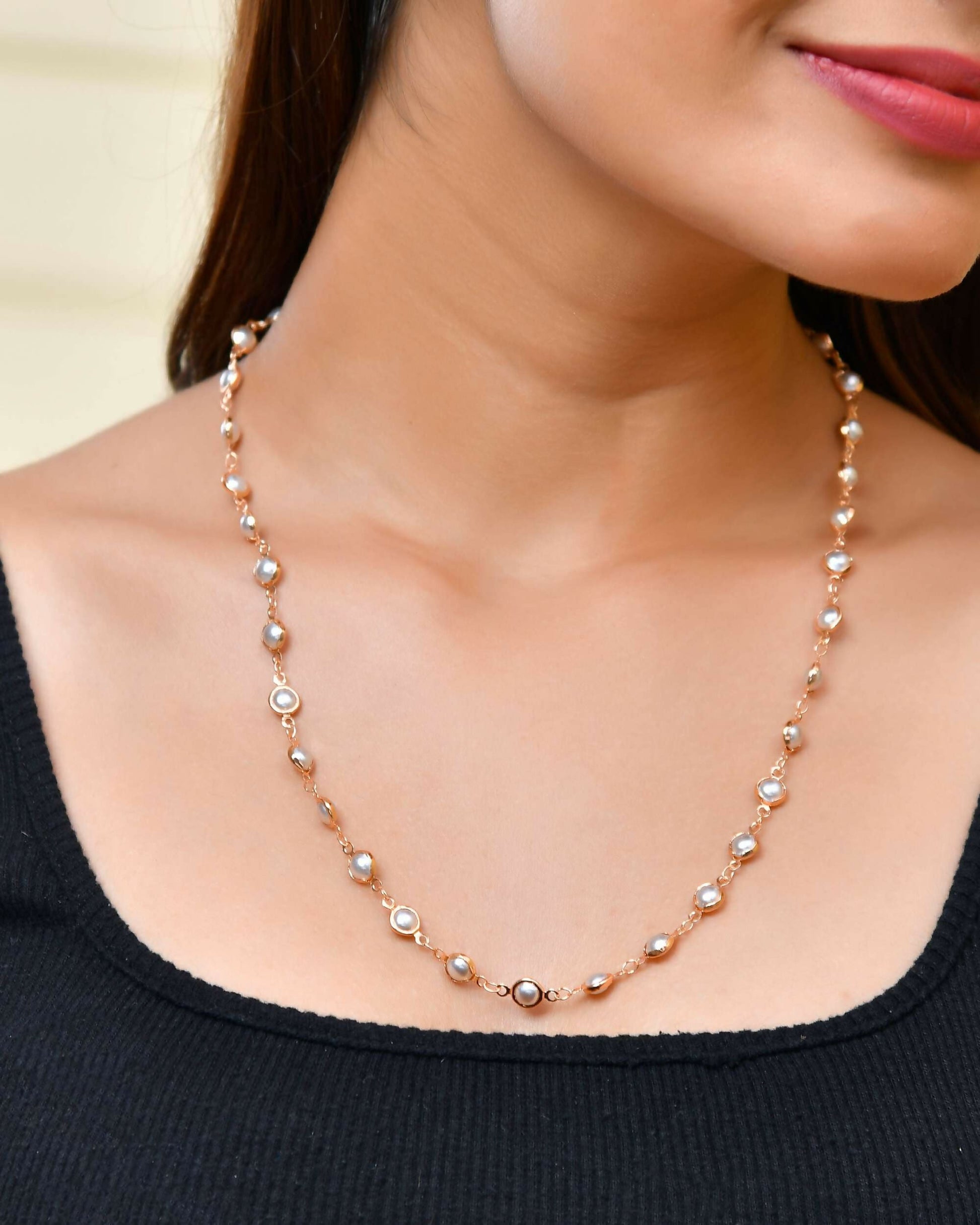 VOJ Gold-Polished Chain For Women With White Pearls | Swadesiicart