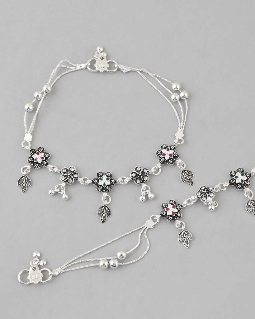 VOJ Set of 2 Silver Plated Flower Shaped Stone Studded Anklet - Swadesiicart