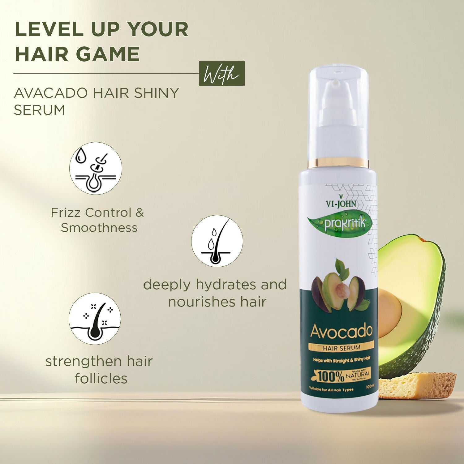 VI-JOHN Prakritik Avocado Hair serum Prevents dryness & Adds shine, 100% Natural Bio-Actives | Swadesiicart