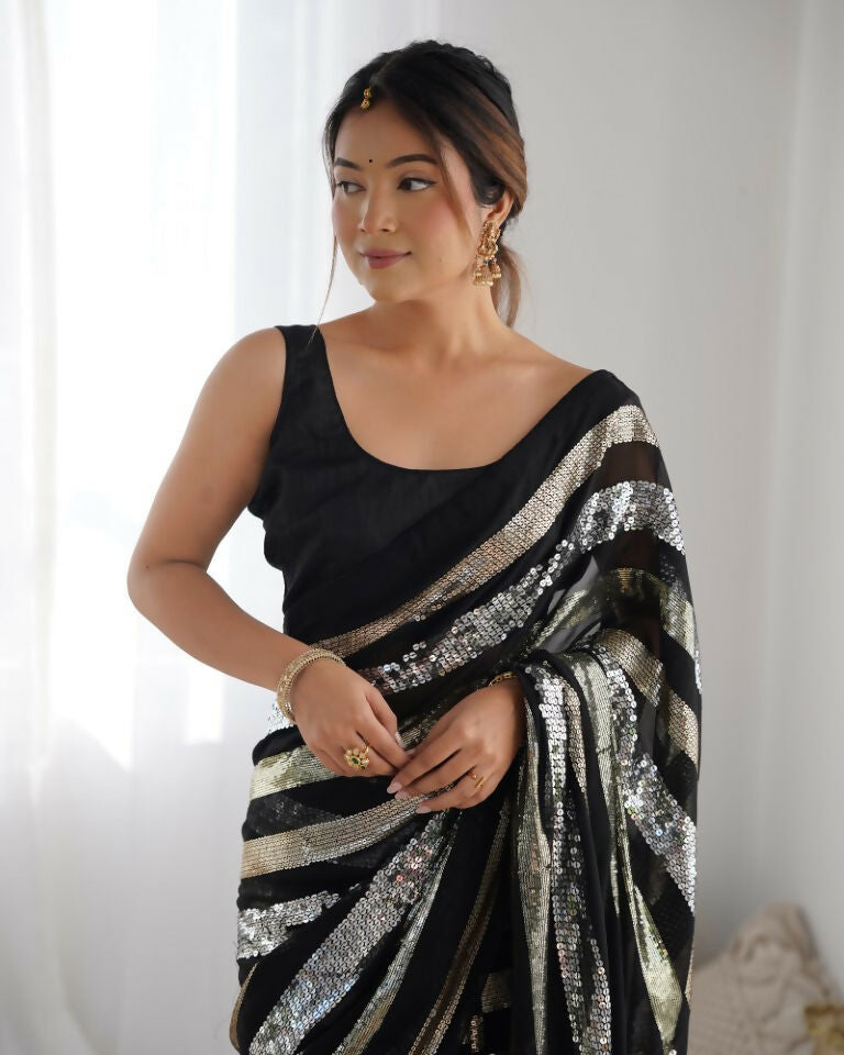 Black Georgette Sequance Embroidery Work Border Saree - Sitare