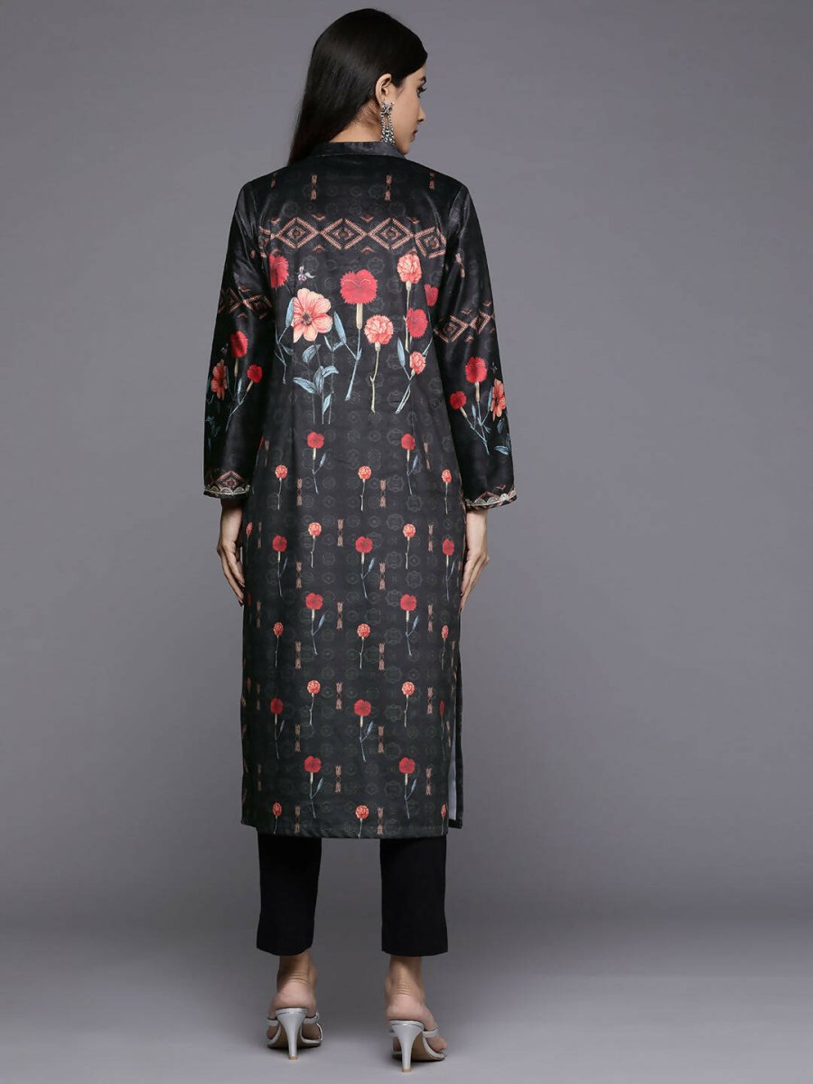 Ahalyaa Women Black & Red Floral Printed Gotta Patti Floral Velvet Kurta | Swadesiicart