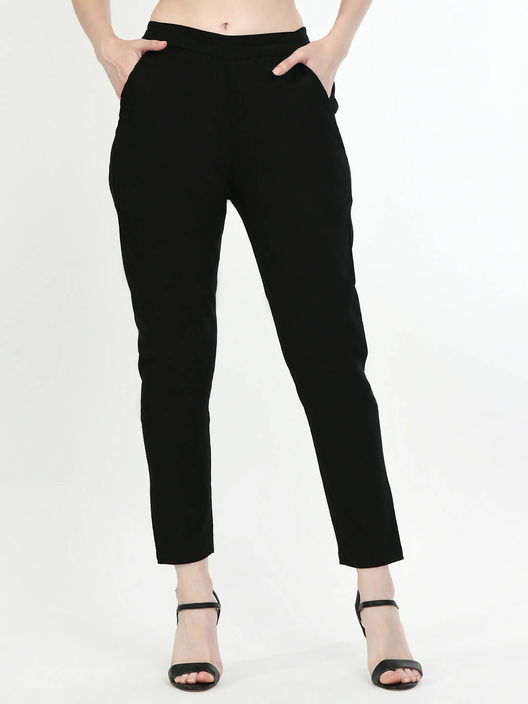 Women's Black Front Waist Band, Back Elasticated, With Pockets Pant - G & A Apparels | Swadesiicart