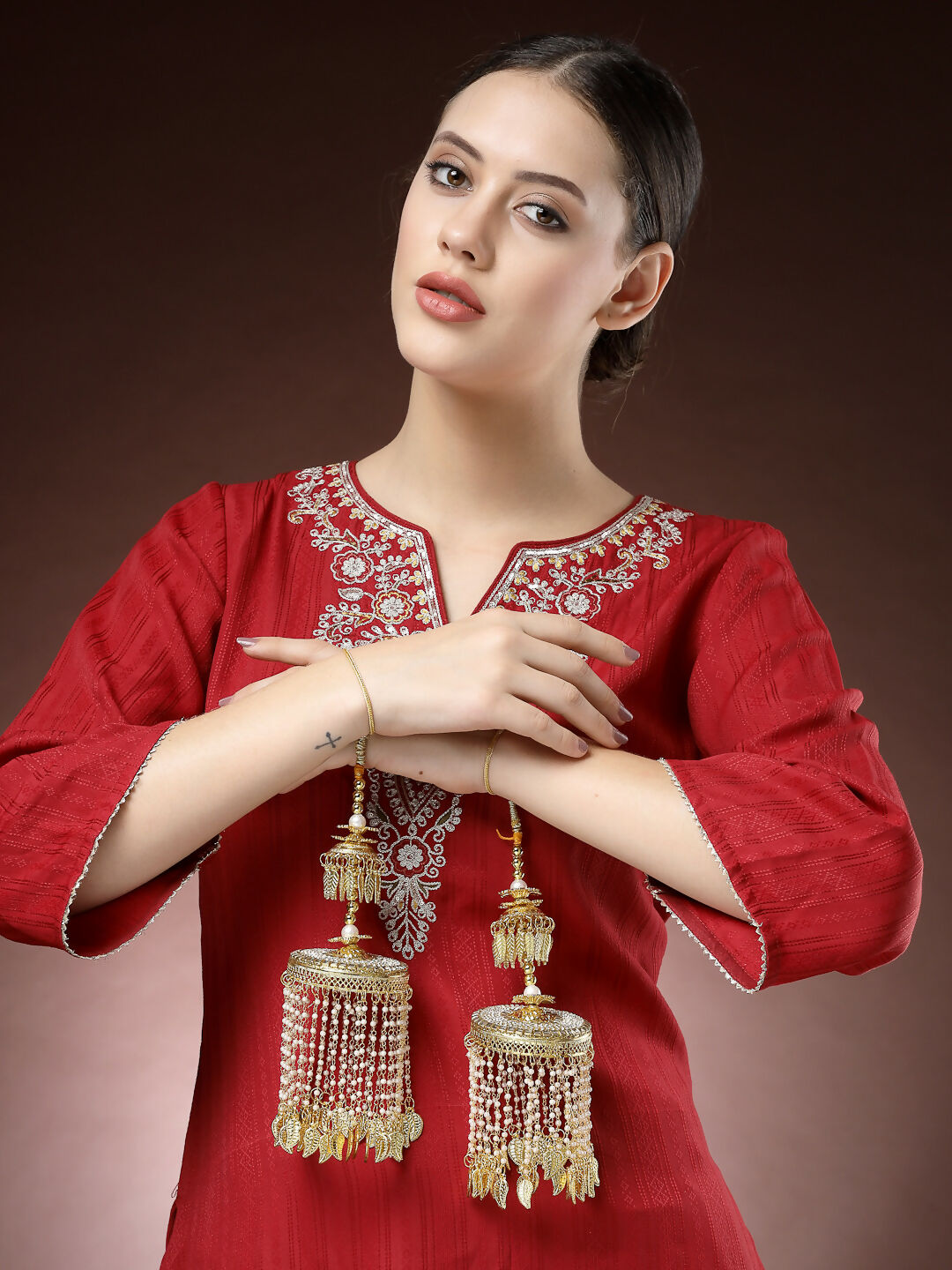 NVR Women's Pack Of 2 Gold-Polished Kundan Bridal Heavy Kaleera Sets - Swadesiicart