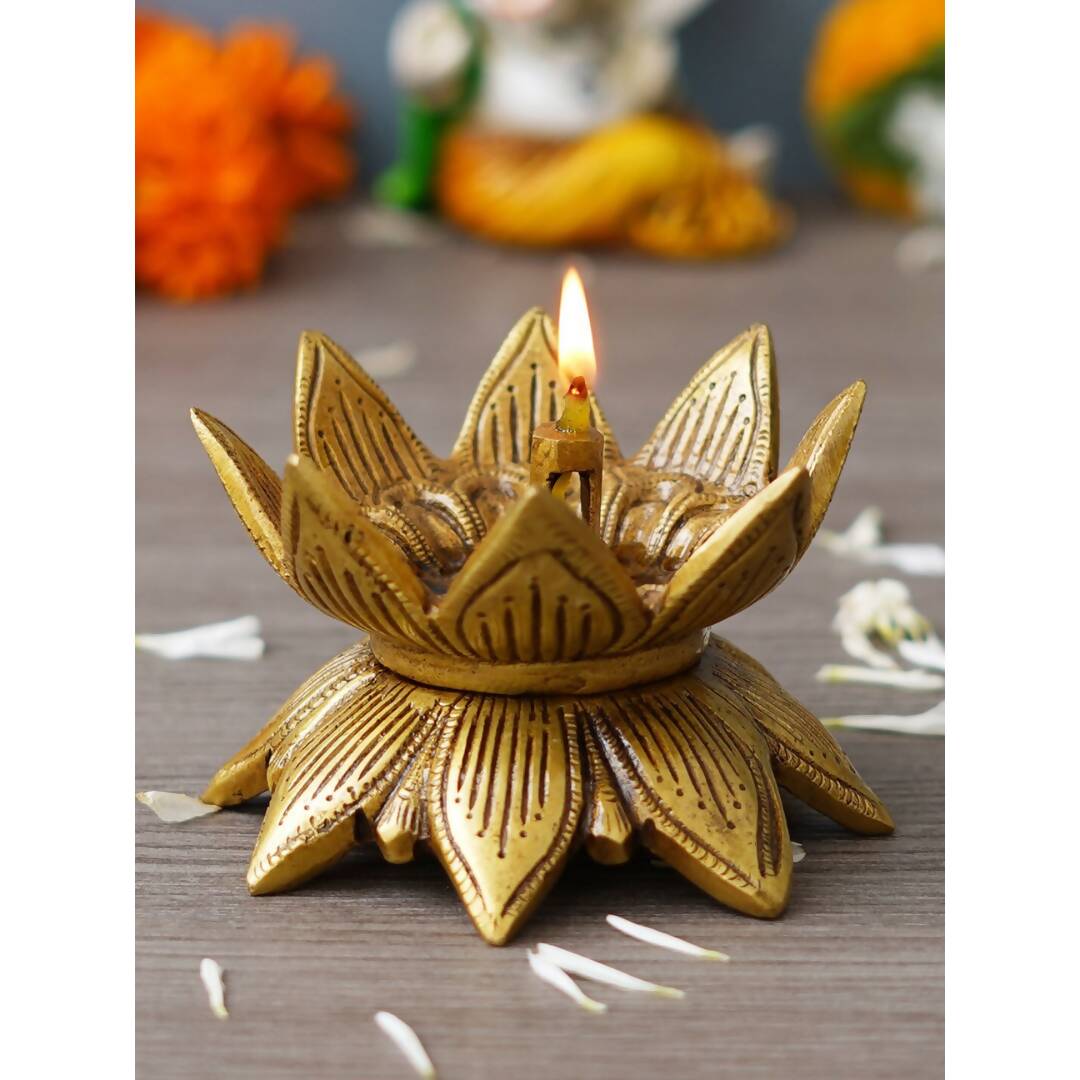 eCraftIndia Gold Toned Lotus Flower Designer Brass Diya | Swadesiicart