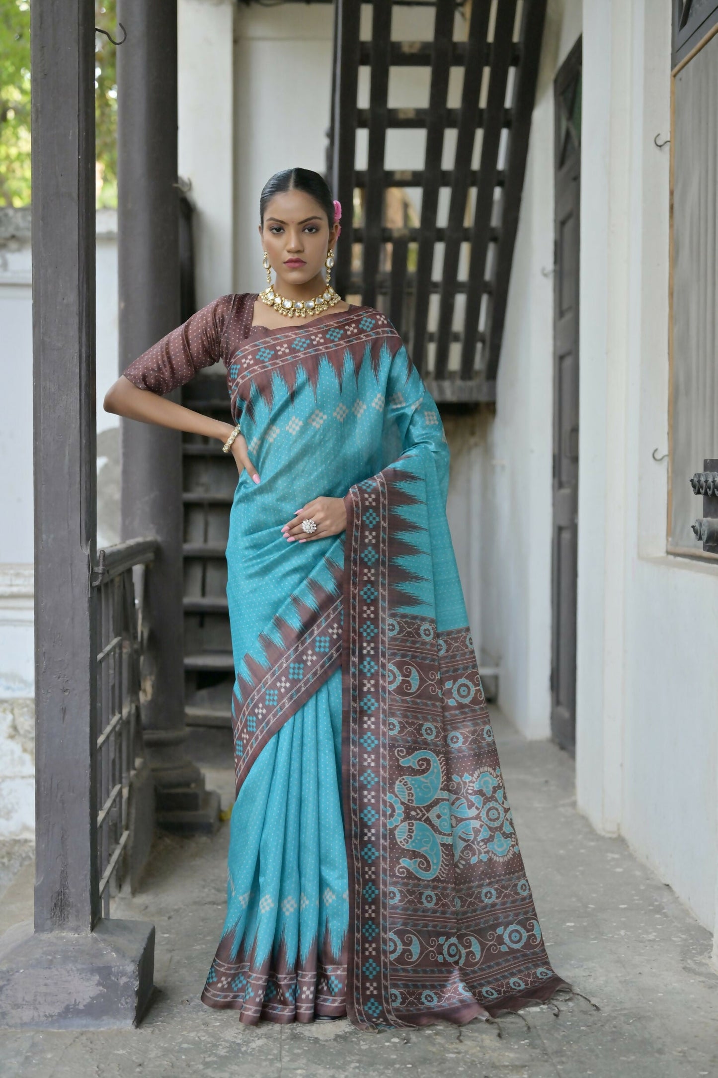 Vishnu Weaves Women's Firozi Soft Tussar Silk Saree with Blouse - Swadesiicart