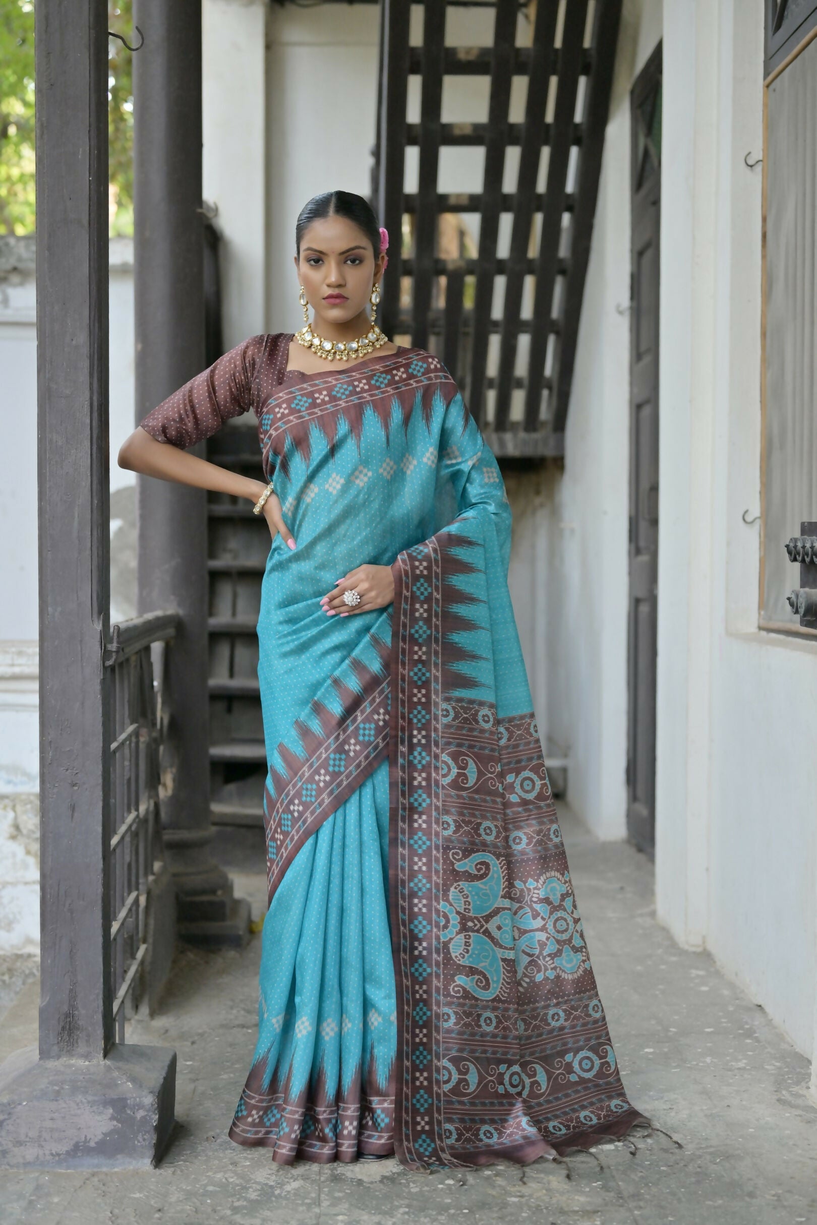 Vishnu Weaves Women's Firozi Soft Tussar Silk Saree with Blouse - Swadesiicart