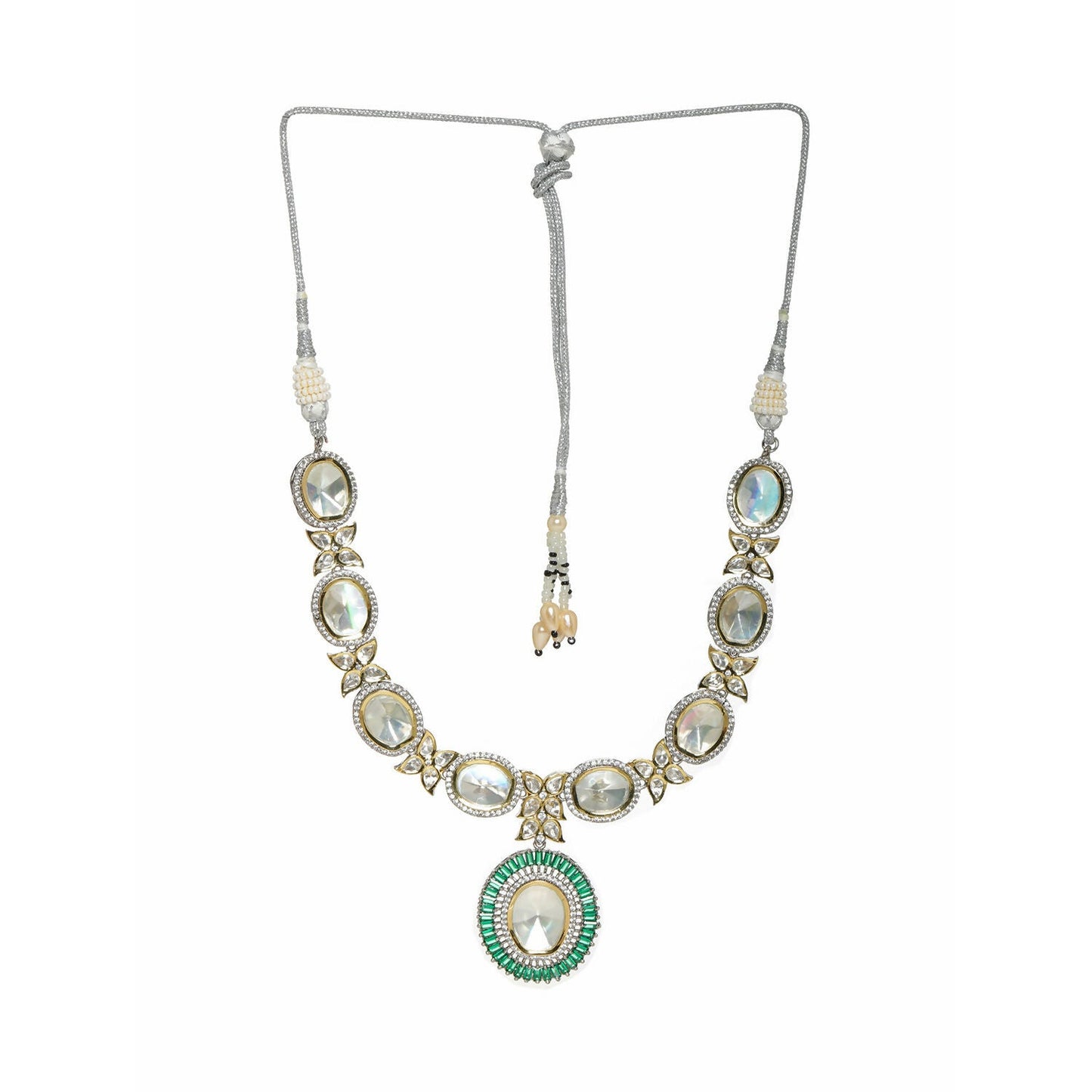 Gold and Silver Tone Neckpiece with Green Center Piece (Silver) - Ruby Raang | Swadesiicart