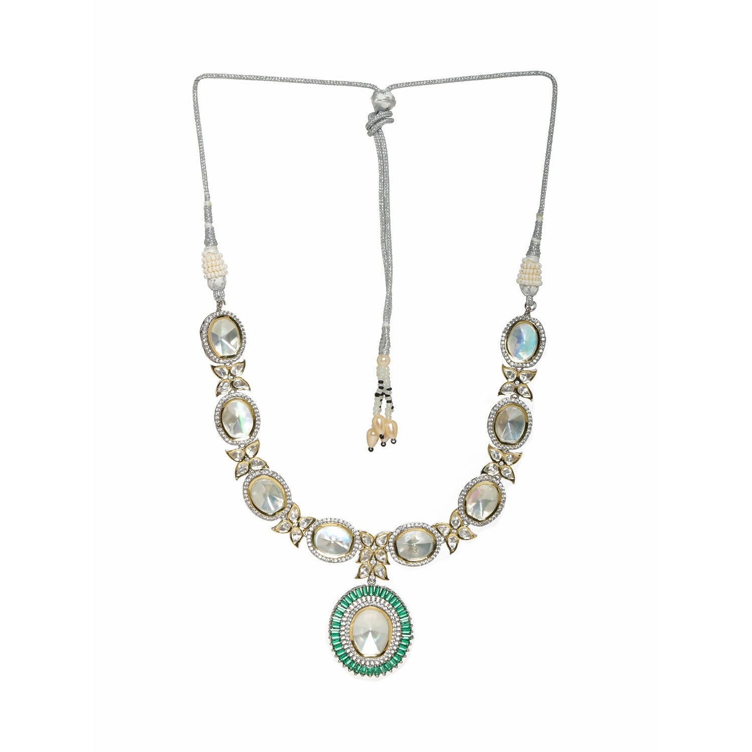 Gold and Silver Tone Neckpiece with Green Center Piece (Silver) - Ruby Raang | Swadesiicart