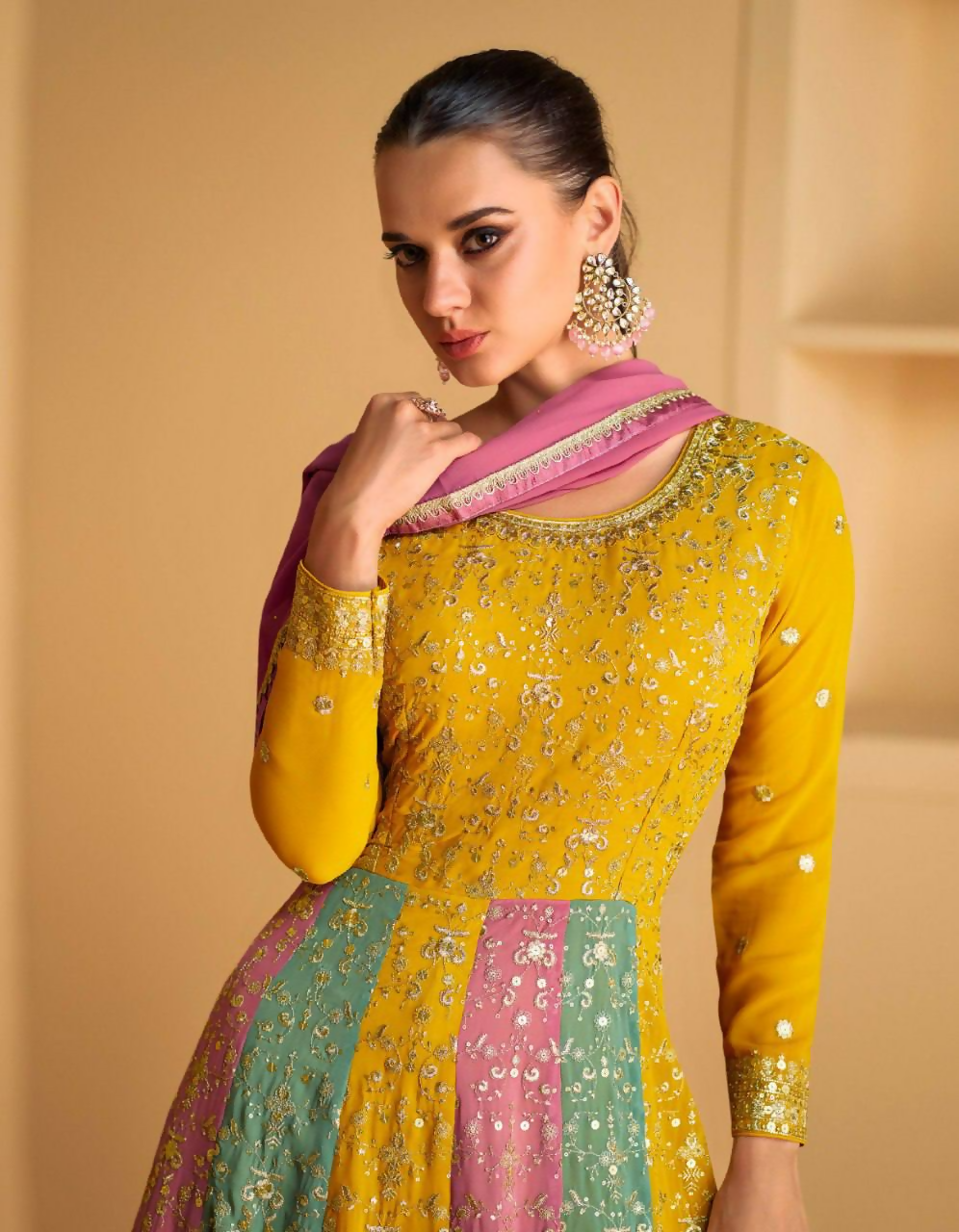 Lorenvalley Fashion Yellow Faux Georgette Embroidery with Sequince Work Gown Stitched | Swadesiicart