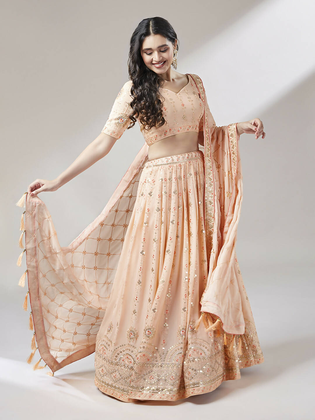 House of Panchhi Women Peach Pure Georgette Embroidered Lehenga & Blouse, Dupatta | Swadesiicart