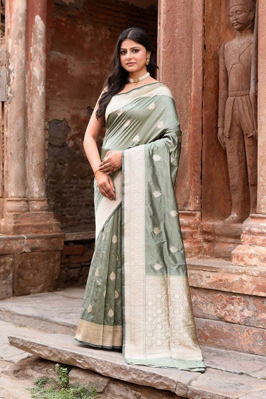Joban Fashion Dusty Olive Banarasi Katan Pure Handloom Silk Saree | Swadesiicart