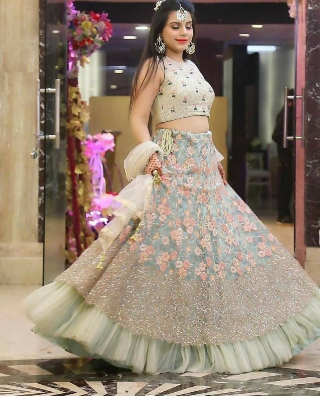 Jyoti Fashion Sea Green 3mm with Thread and Jari Embroidery Net Lehenga Choli with Dupatta | Swadesiicart
