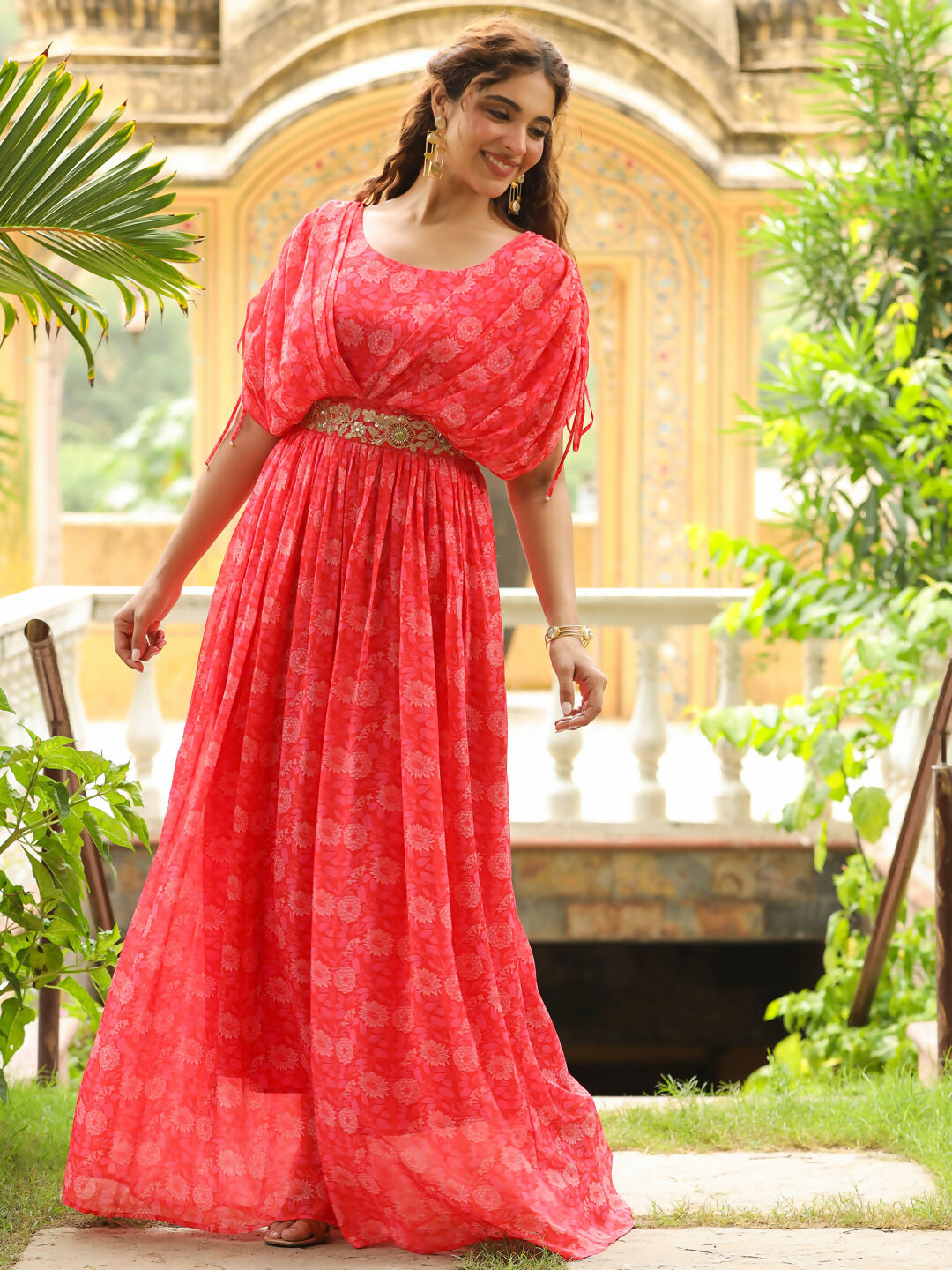 Janasya Pink Georgette Floral Gown | Swadesiicart