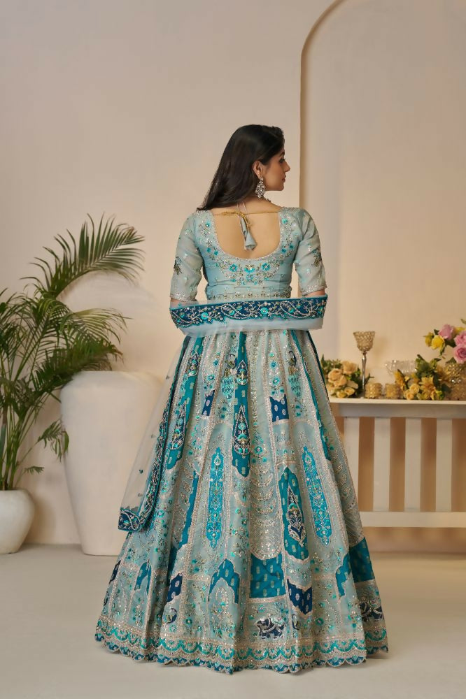 Kesar Fab Sky-Blue Banarasi Silk Embroidered Lehenga | Swadesiicart