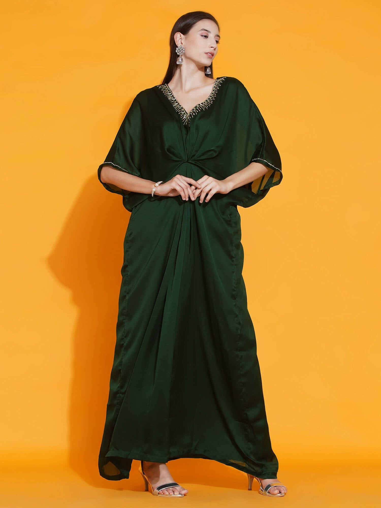 Women Republic Green Georgette Hand Embellished Kaftan Style Gown | Swadesiicart