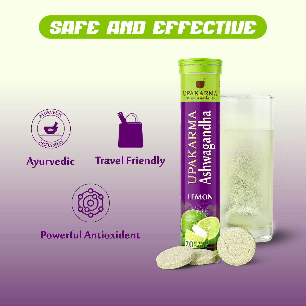 Upakarma Ayurveda Ashwagandha Effervescent Tablets - Lemon Flavour | Swadesiicart
