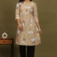W for Woman Beige Floral Printed Cotton Check Textured Gathered Kurta