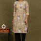 W for Woman Beige Floral Printed Cotton Check Textured Gathered Kurta