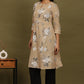 W for Woman Beige Floral Printed Cotton Check Textured Gathered Kurta
