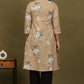 W for Woman Beige Floral Printed Cotton Check Textured Gathered Kurta
