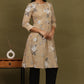 W for Woman Beige Floral Printed Cotton Check Textured Gathered Kurta