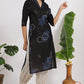 W for Woman Black Bold Floral Printed Pure Cotton Straight Kurta with Lace