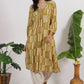 W for Woman Green Paisley Printed Cotton Crepe Gathered Kurta with Mirror Embroidery