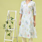 W for Woman Blue Floral Printed Pure Cotton A-line Kurta with Thread Embroidery