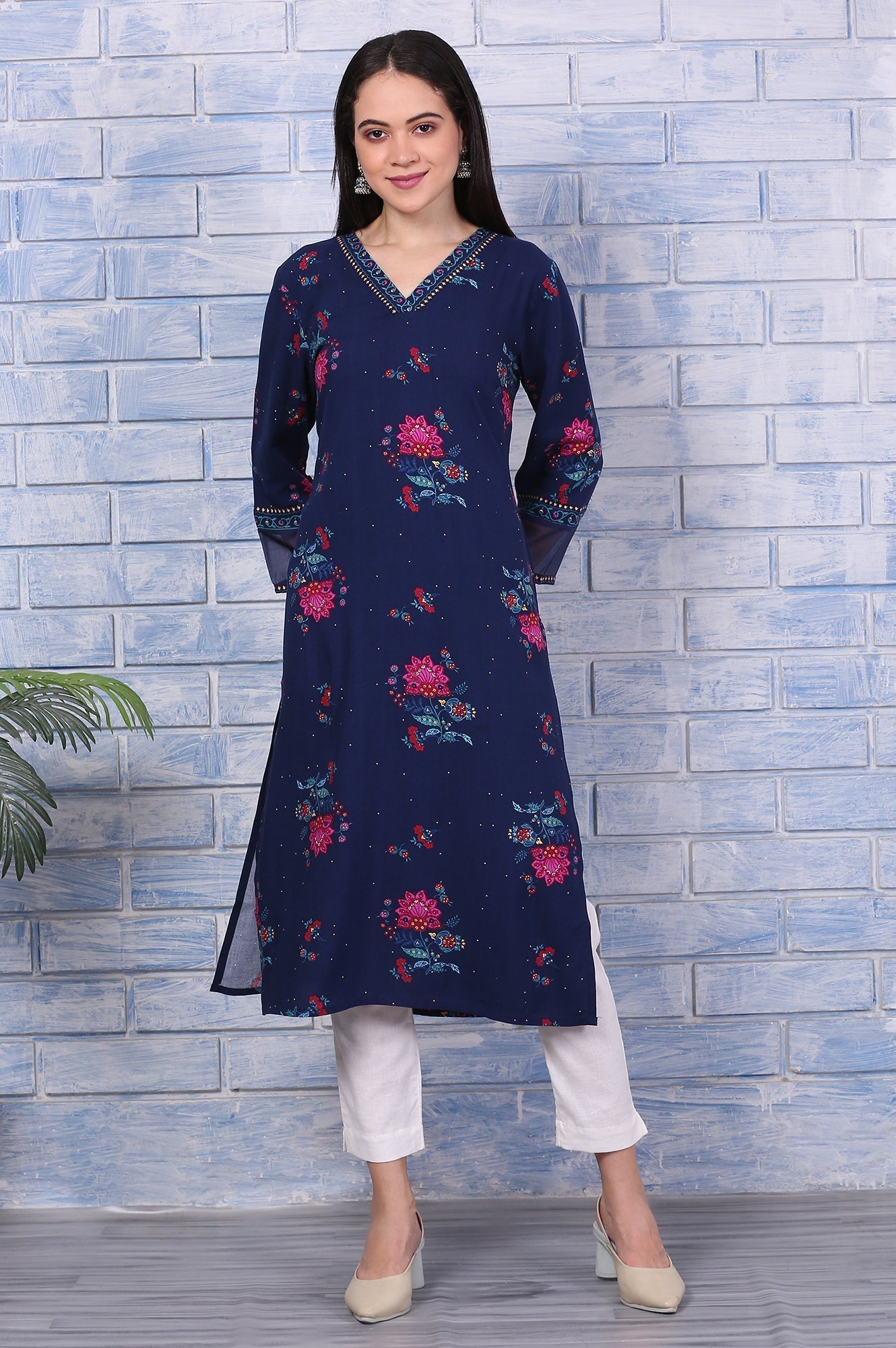 W for Woman Blue Floral Printed Rayon Straight Kurta
