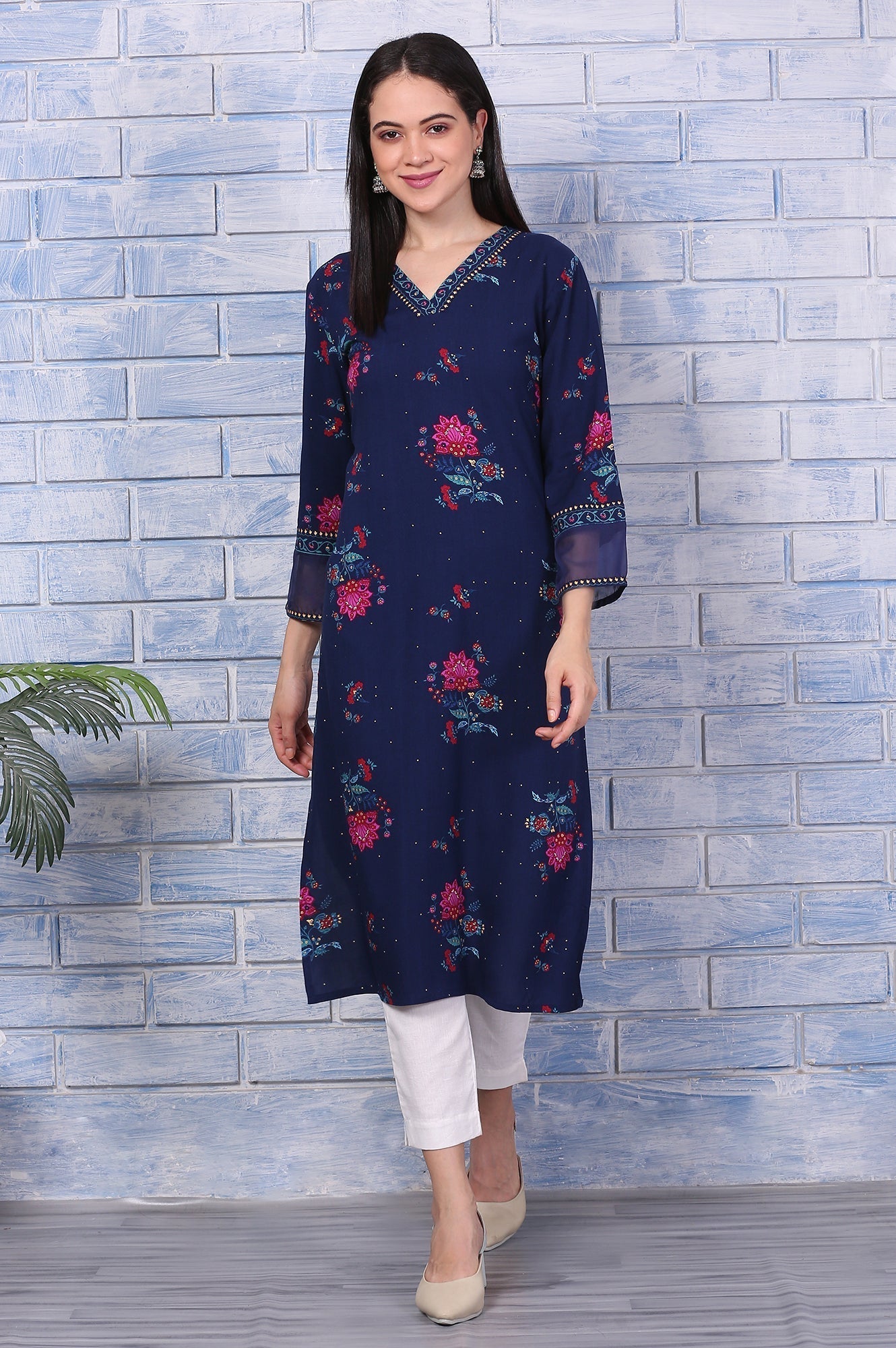W for Woman Blue Floral Printed Rayon Straight Kurta