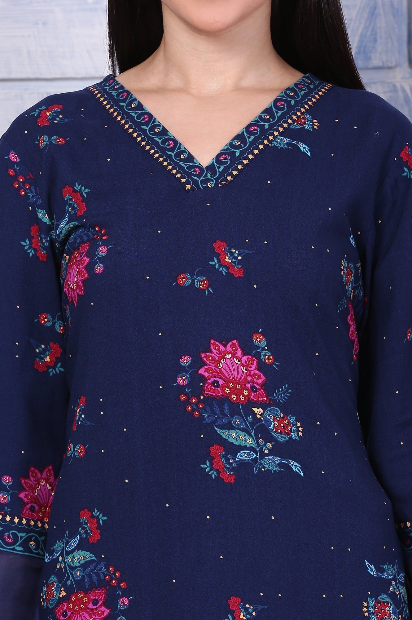 W for Woman Blue Floral Printed Rayon Straight Kurta