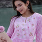 W for Woman Pink and White Checker Cotton Crepe A-line Kurta with Embroidered Yoke