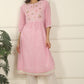 W for Woman Pink and White Checker Cotton Crepe A-line Kurta with Embroidered Yoke