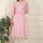 W for Woman Pink and White Checker Cotton Crepe A-line Kurta with Embroidered Yoke