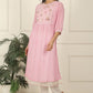 W for Woman Pink and White Checker Cotton Crepe A-line Kurta with Embroidered Yoke
