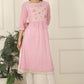 W for Woman Pink and White Checker Cotton Crepe A-line Kurta with Embroidered Yoke