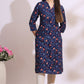 W for Woman Blue Bold Floral Printed Cotton Cambric Straight Kurta