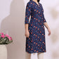 W for Woman Blue Bold Floral Printed Cotton Cambric Straight Kurta