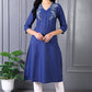 W for Woman Blue Embroidered Printed Thread Embroidery Rayon Flax A-line Kurta