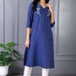 W for Woman Blue Embroidered Printed Thread Embroidery Rayon Flax A-line Kurta