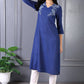 W for Woman Blue Embroidered Printed Thread Embroidery Rayon Flax A-line Kurta