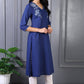 W for Woman Blue Embroidered Printed Thread Embroidery Rayon Flax A-line Kurta